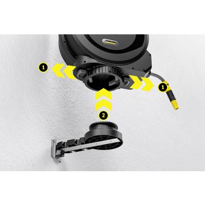Automatische Schlauchtrommel an der Wand befestigt, mit Markierungen zur einfachen Handhabung und Montage. Pfeile zeigen Bewegungsrichtung.