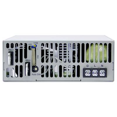Rückseite eines Netzteils mit Lüftungsschlitzen, Anschlussklemmen für L, N, Erde, LED-Anzeige, Spannungsregler und Schalter.