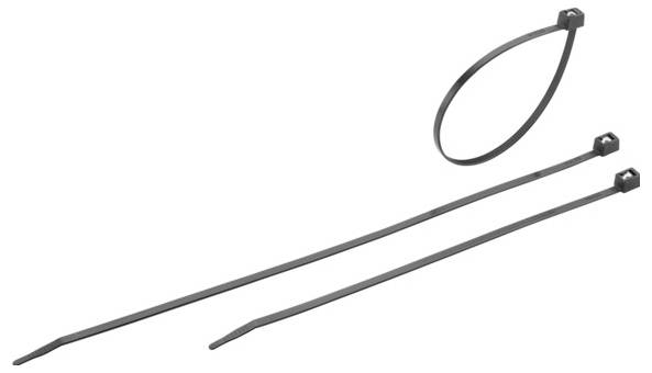 Drei schwarze Kabelbinder, einer geschlossen in Schlaufenform, die anderen zwei offen und lang gestreckt.