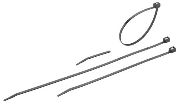 Mehrere schwarze Kabelbinder, länglich und flexibel, in verschiedenen Größen. Ein Kabelbinder ist zu einer Schlaufe gebogen.