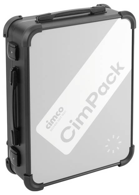 Ein robuster grauer Koffer mit schwarzem Rahmen und Text 'CimPack'. Enthält Werkzeuge oder Materialien, geeignet für Transport oder Lagerung.