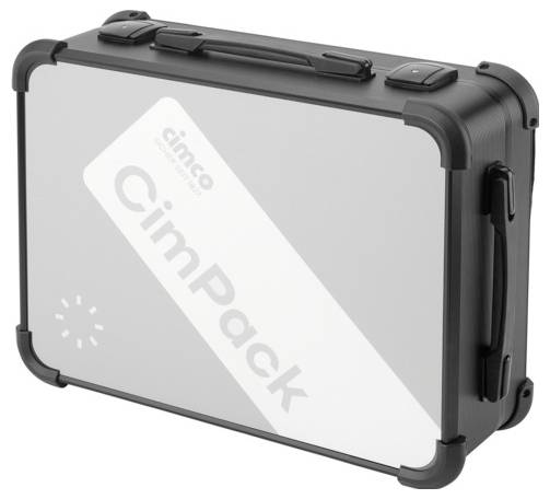 Ein schwarzer Koffer mit der Aufschrift 'CimPack' auf der Vorderseite.