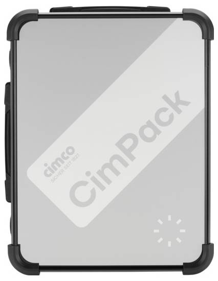 Ein silberner Koffer mit schwarzem Rahmen und Griffen, 'CimPack' und 'cimco' auf der Vorderseite gedruckt.