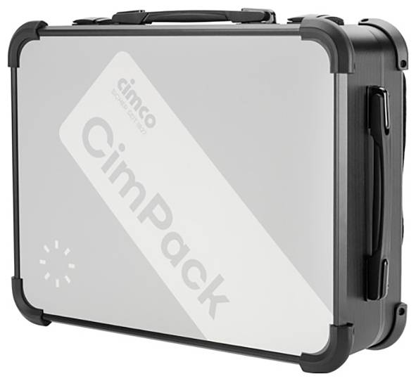 Silberner Koffer mit der Aufschrift 'CimPack' und Logo. Robustes Design mit schwarzen Ecken und Griffen.