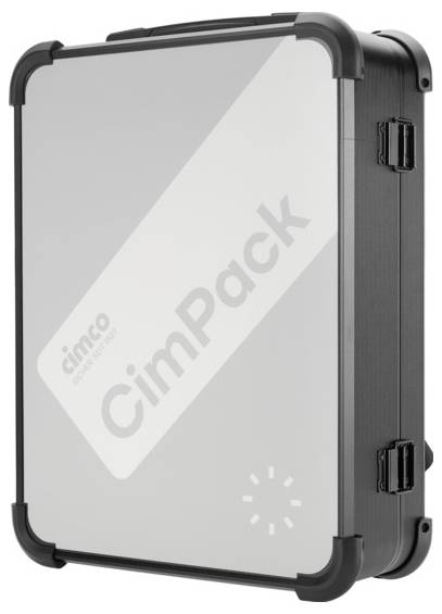 Ein rechteckiger, kompakter Hartschalenkoffer mit Aufschrift 'CimPack'. Der Koffer hat verstärkte Ecken und robuste Tragegriffe.