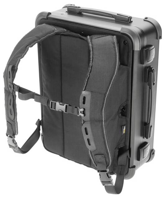 Schwarzer Koffer mit abnehmbaren Rucksackgurten, die mit einem Reißverschluss an der Rückseite befestigt sind. Ideal für Reisen.