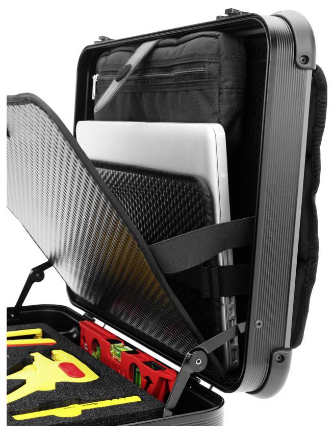 Ein geöffneter Werkzeugkoffer enthält ein Laptopfach und diverse Werkzeuge wie Schraubendreher und Wasserwaage.