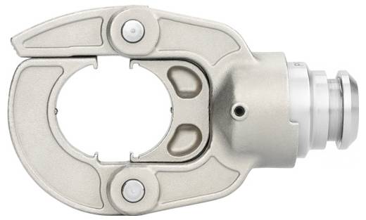 Hydraulische Presszange aus Metall mit rundem Kiefer zum Klemmen von Rohren oder Kabeln. Beige-silberne Oberfläche, robustes Design.