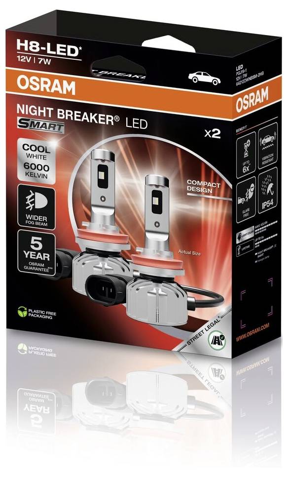 'Osram Night Breaker LED H8-LED' Autolampenverpackung, zeigt zwei LED-Lampen mit 6000 Kelvin, 5 Jahre Garantie, kompaktes Design.