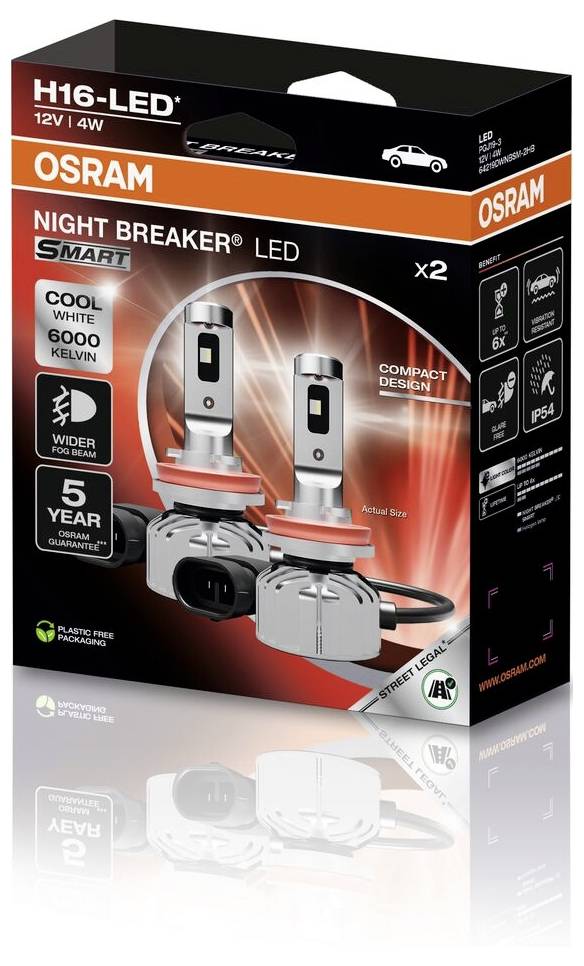 'Osram Night Breaker LED H16-Birnen-Verpackung: Cool White, 6000 Kelvin, empf. für PKW. Kompakte Bauweise, 5 Jahre Garantie.'