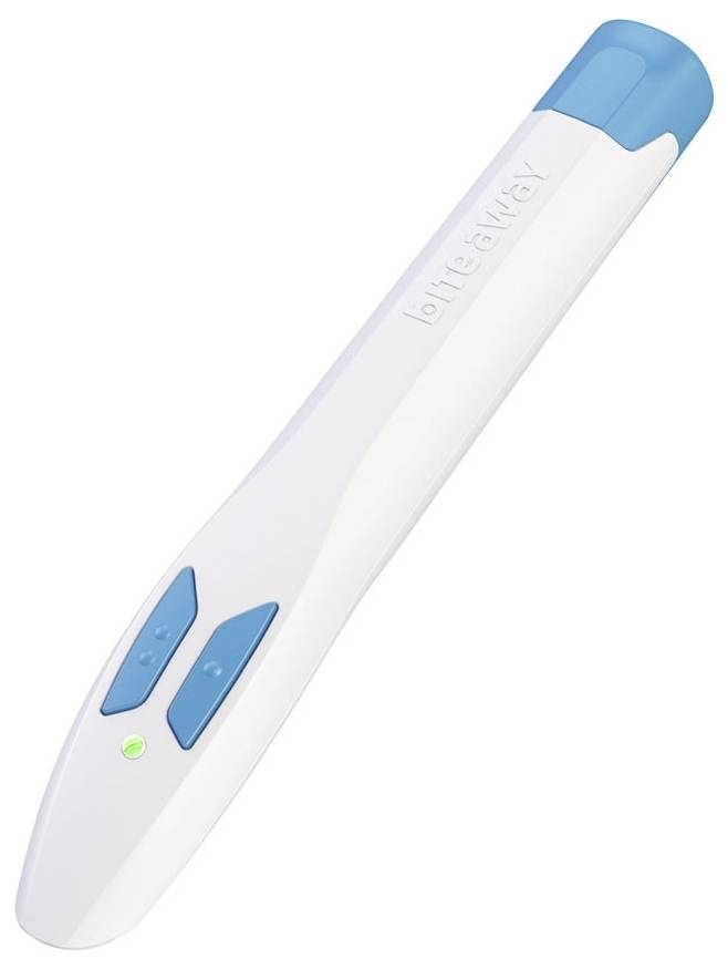 Elektronischer Stift mit weißen und blauen Akzenten, leuchtet grün. Wird zum interaktiven Vorlesen von Büchern verwendet.