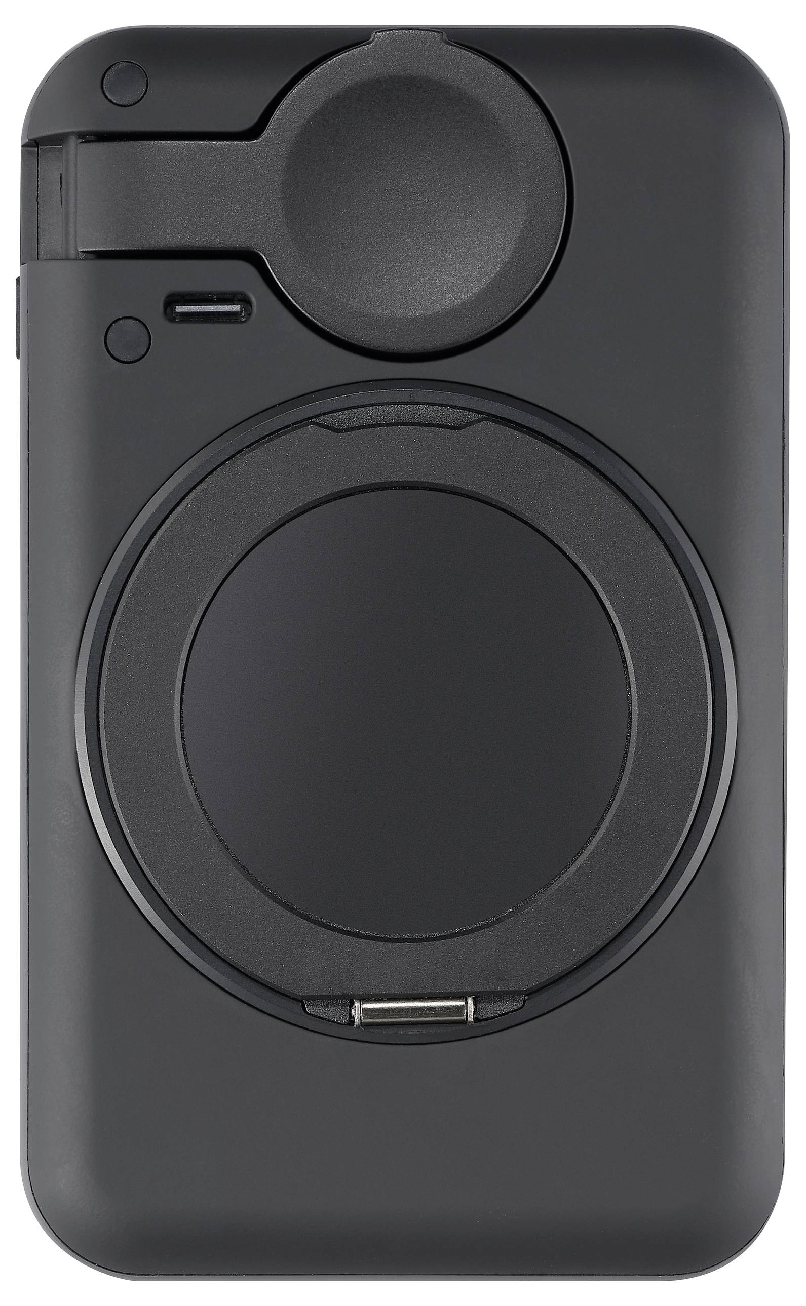 Eine schwarze tragbare Kamera mit abgerundeten Ecken, großem Objektiv in der Mitte und einem Blitz oben links.