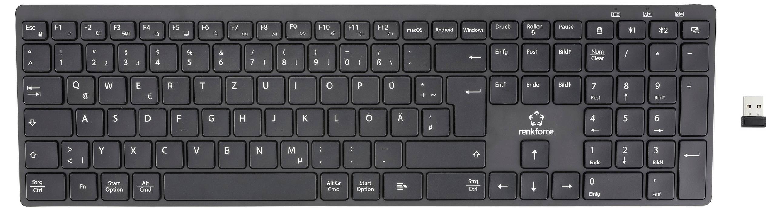 Schwarze kabellose Tastatur mit deutschem QWERTZ-Layout und USB-Empfänger.