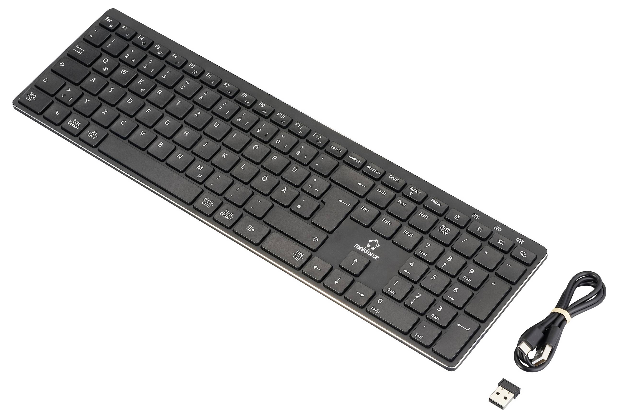 Drahtlose schwarze Tastatur mit kompaktem Design, daneben ein USB-Empfänger und ein Ladekabel.