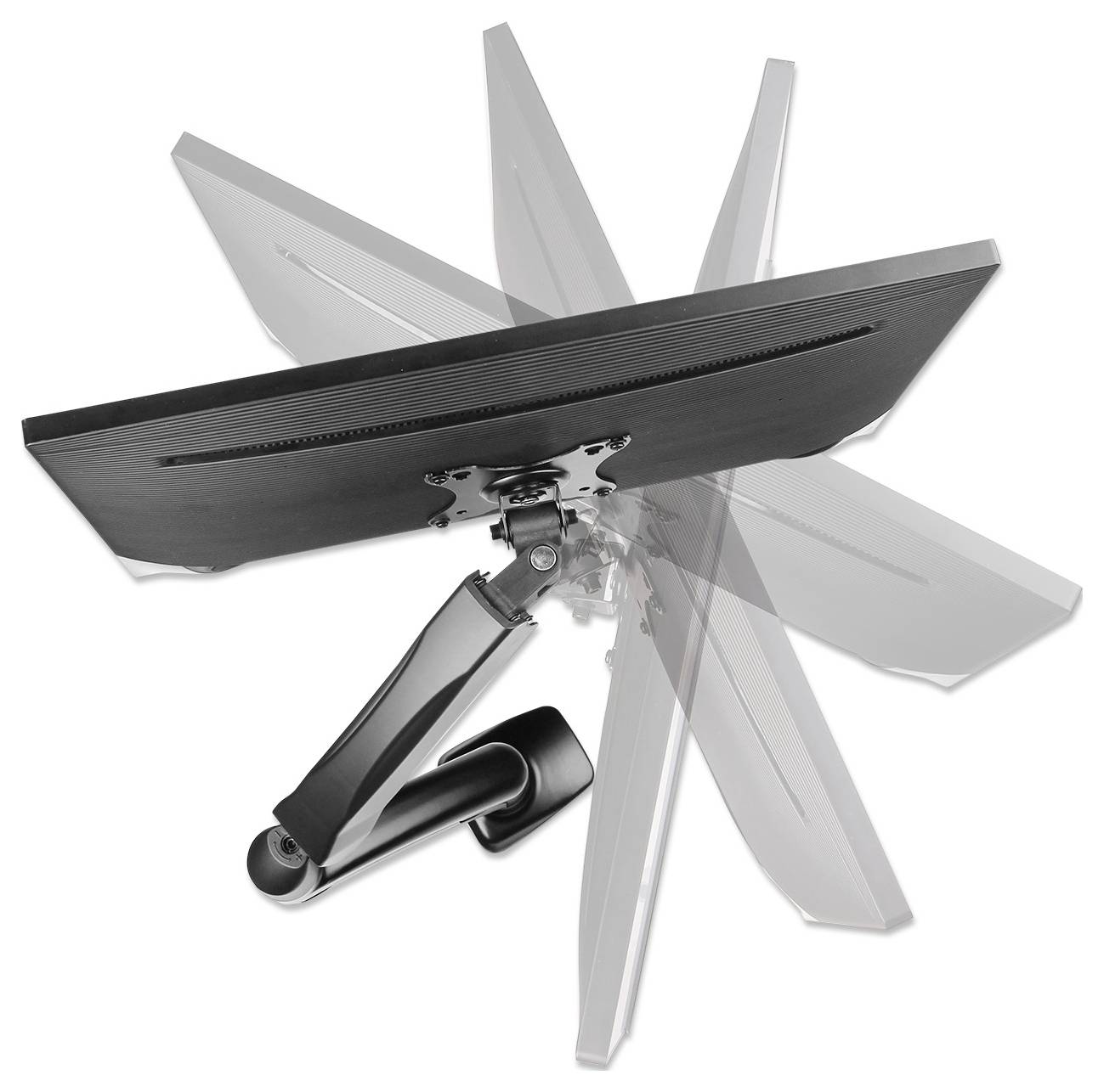 Ein Monitor ist auf einem verstellbaren Arm montiert, der verschiedene Positionen zeigt. Der Arm ermöglicht flexible Ausrichtung des Bildschirms.