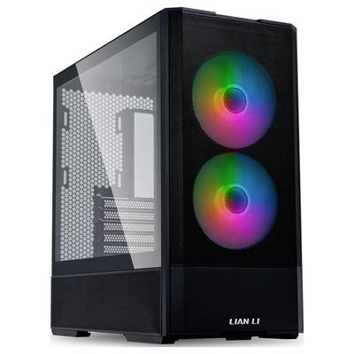 PC-Gehäuse mit Glas- und Mesh-Elementen, zwei leuchtende RGB-Lüfter vorne. Moderne und stilvolle Design-Ästhetik.