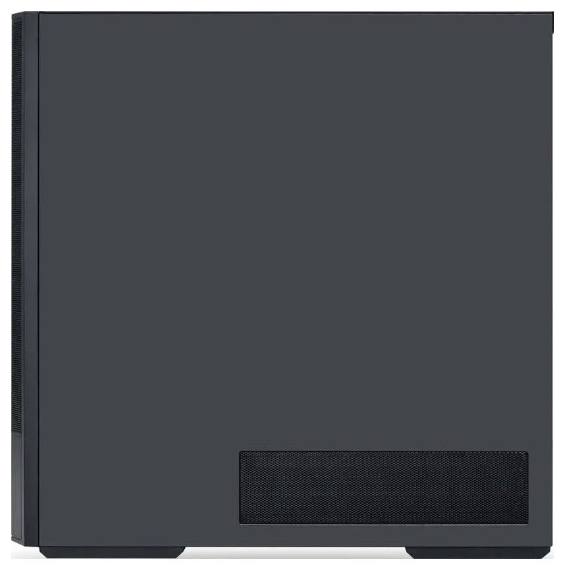 Ein schwarzes, minimalistisches Computergehäuse mit einer glatten Oberfläche und Lüftungsgitter unten rechts.