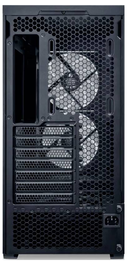 Rückansicht eines Computergehäuses mit sichtbaren Lüftern, Erweiterungsslots und Stromanschluss unten rechts.