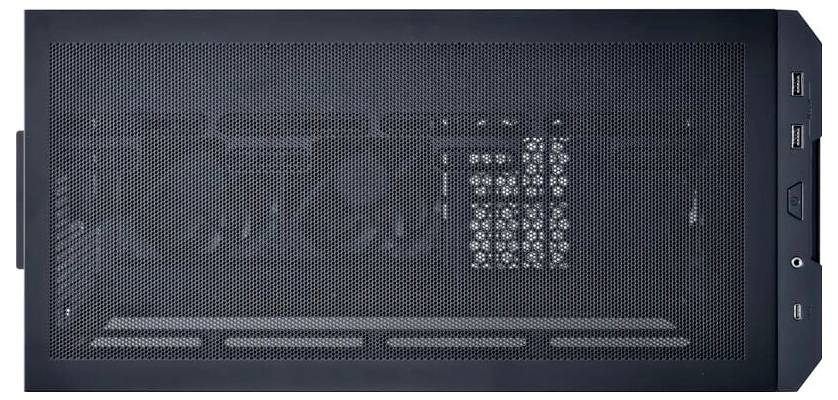 Ein schwarzes Computergehäuse mit seitlicher Netztür, das die interne Hardware teilweise sichtbar macht. Die Frontseite hat USB-Anschlüsse.