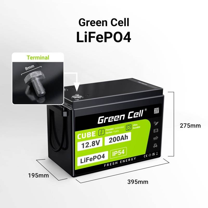 Batterie der Marke Green Cell, Modell LiFePO4 mit der Kapazität von 200Ah und 12.8V. Die Dimensionen sind 195x275x195 mm.