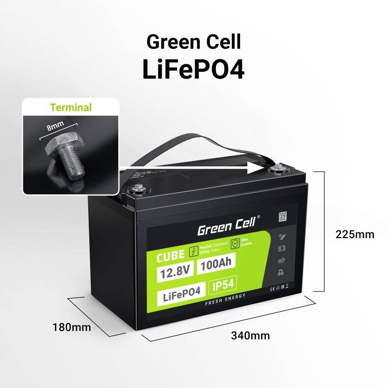 'Green Cell LiFePO4' Batterie, 12,8V, 100Ah, zeigt Maße (340mm x 180mm x 225mm) und IP54-Schutz. Klemmengröße: 8mm.
