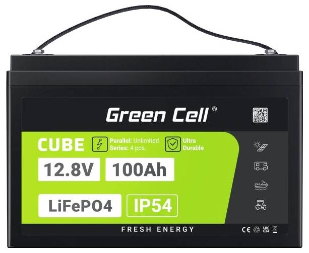 LiFePO4-Batterie von Green Cell mit 12,8V und 100Ah, geeignet für sichere und langlebige Energieversorgung. IP54-Schutzklasse.