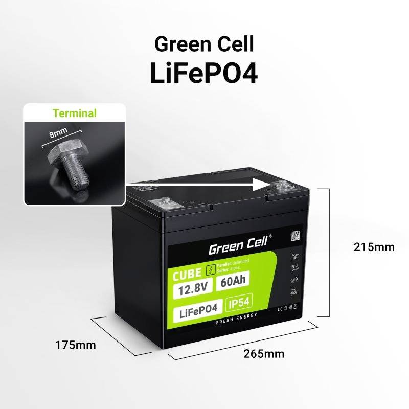 'Green Cell LiFePO4' Batterieabbildung: Schwarze Batterie mit grünen Etiketten, 12.8V, 60Ah. Abmessungen: 265 x 175 x 215 mm.