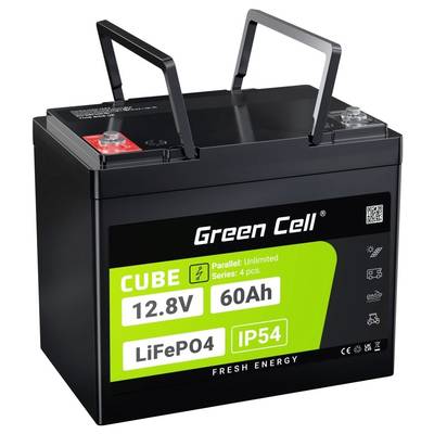 'Green Cell CUBE 12.8V 60Ah LiFePO4 Batterie mit IP54-Schutz' text auf schwarzer Batterie mit zwei Griffen und grüner Etikettierung.