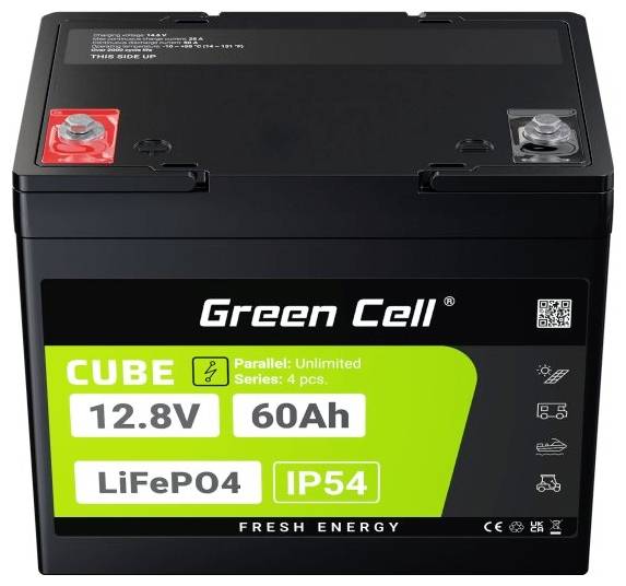 'Green Cell'-Batterie, 12,8V, 60Ah, LiFePO4, IP54, geeignet für frische Energieanwendungen. Parallel-Serie: unbegrenzt, 4 Stück.