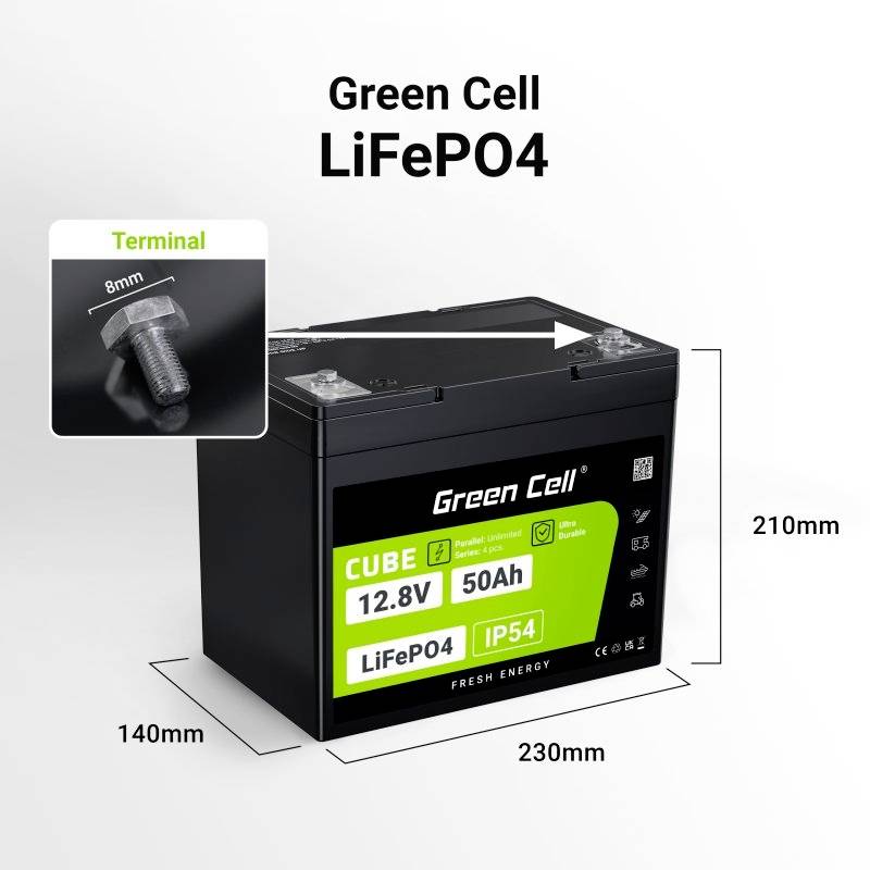 'Green Cell LiFePO4 Akku: 12,8V, 50Ah, IP54, Maße 230x140x210mm. Terminal-Durchmesser: 8mm.'