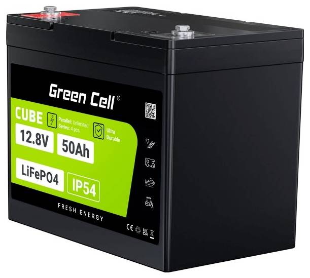 Schwarze Lithium-Ionen-Batterie mit grünem Label, 'Green Cell', 12.8V, 50Ah, IP54, geeignet für verschiedene Energienutzung.