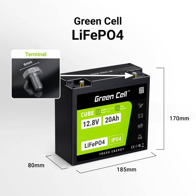 Lithium-Eisenphosphat-Akku CUBE 12.8V 20Ah von Green Cell, schwarz, 185mm x 80mm x 170mm, zeigt Abmessungen und 6mm-Anschlüsse.