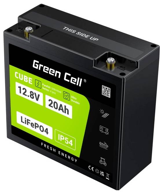 Wiederaufladbare Batterie von Green Cell, Modell CUBE, 12,8V, 20Ah, LiFePO4, IP54 Schutz. Geeignet für diverse Geräte.