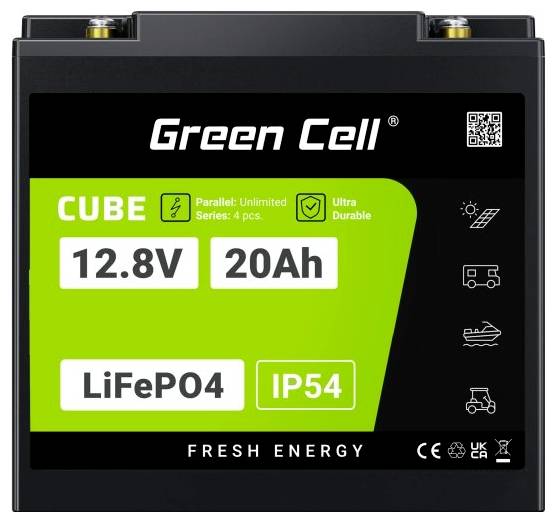 Batterie von Green Cell mit 12.8V und 20Ah. Typ: LiFePO4. IP54-Schutz. Geeignet für verschiedene Anwendungen mit 'Fresh Energy'.