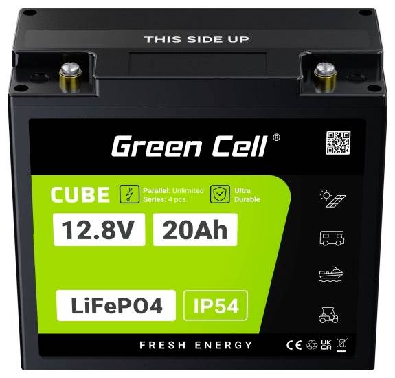 'Green Cell CUBE' Batterie, 12,8V, 20Ah, LiFePO4, IP54, für parallel/seriell Betrieb. Geeignet für Wohnwagen, Boote, Fahrzeuge.