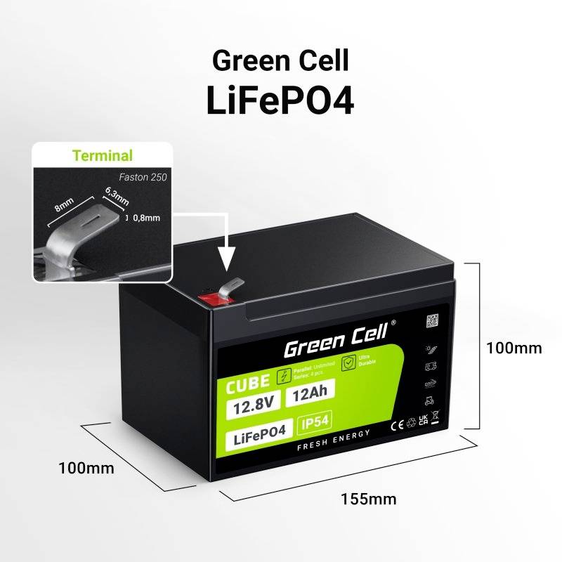 'Green Cell LiFePO4 Akku CUBE, 12.8V, 12Ah, Maße: 100x155x100mm, IP54, Faston 250 Terminal, 8mm Breite, 5.3mm Loch, 1.0mm Dicke.'