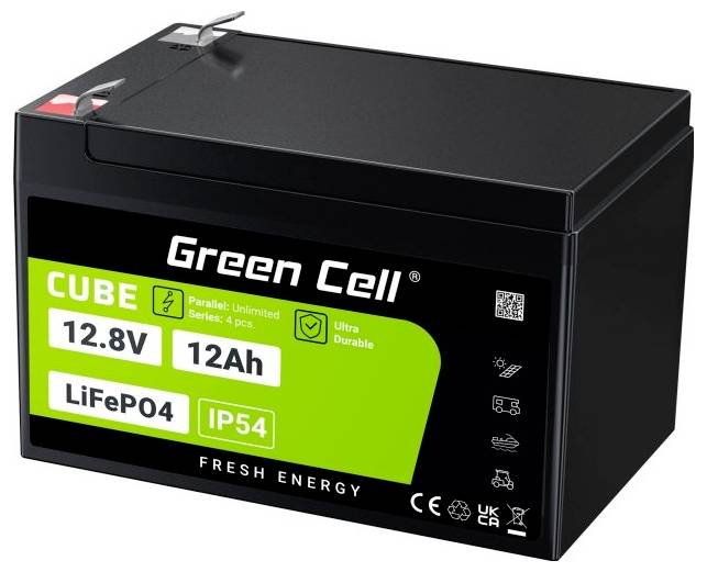 'LiFePO4-Batterie von Green Cell, 12.8V, 12Ah, robust und langlebig, Schutzart IP54, geeignet für parallele Verbindung von bis zu 4 Stück.'