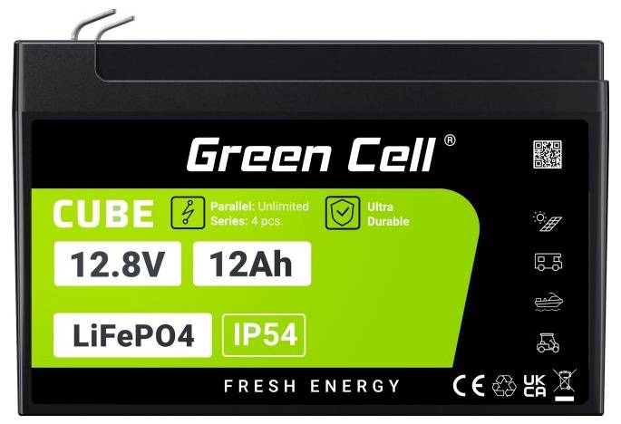 Akkubatterie von Green Cell, Modell 'CUBE', 12,8V, 12Ah, LiFePO4, Schutzart IP54, geeignet für Parallelschaltung, ultra-langlebig.