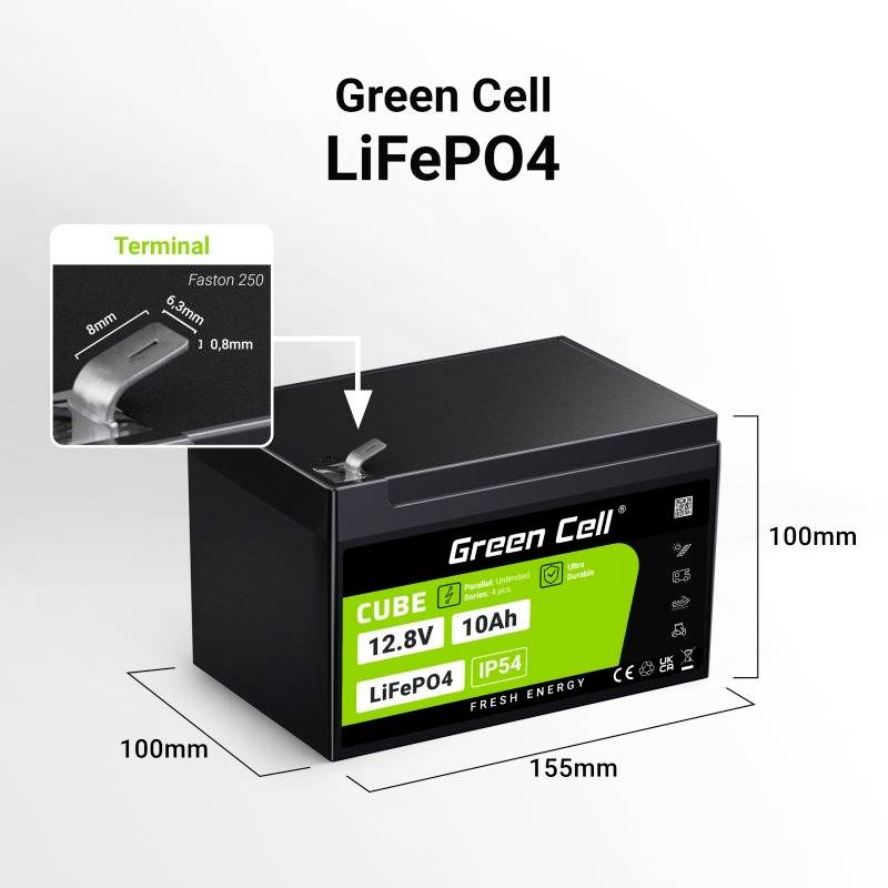 'LiFePO4 12.8V 10Ah Akku von Green Cell, Maße: 155mm x 100mm x 100mm, IP54, Faston 250, Anwendungsbereich: Terminal 10,8mm, 5,8mm.'