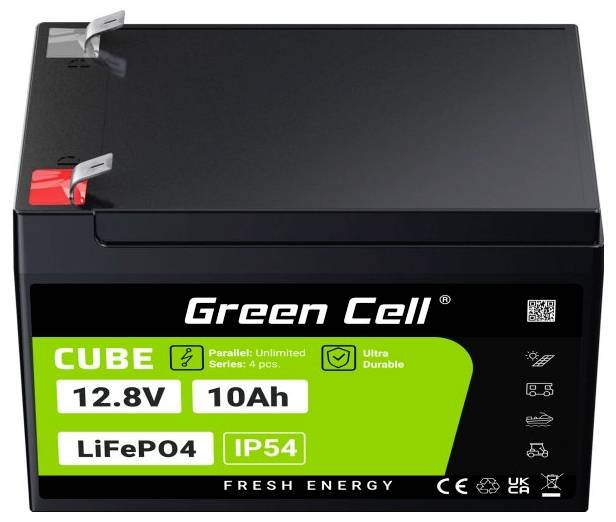 Batterie von Green Cell mit 12.8V, 10Ah, LiFePO4-Technologie, IP54-Schutz, und langlebigem Design. Geeignet für Parallelschaltung.