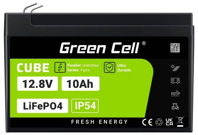 Batterie 'Green Cell': LiFePO4, 12.8V, 10Ah, IP54, parallel: unlimited, series: 4 pcs, ultra durable. Symbole: CE, UKCA, Recycling.