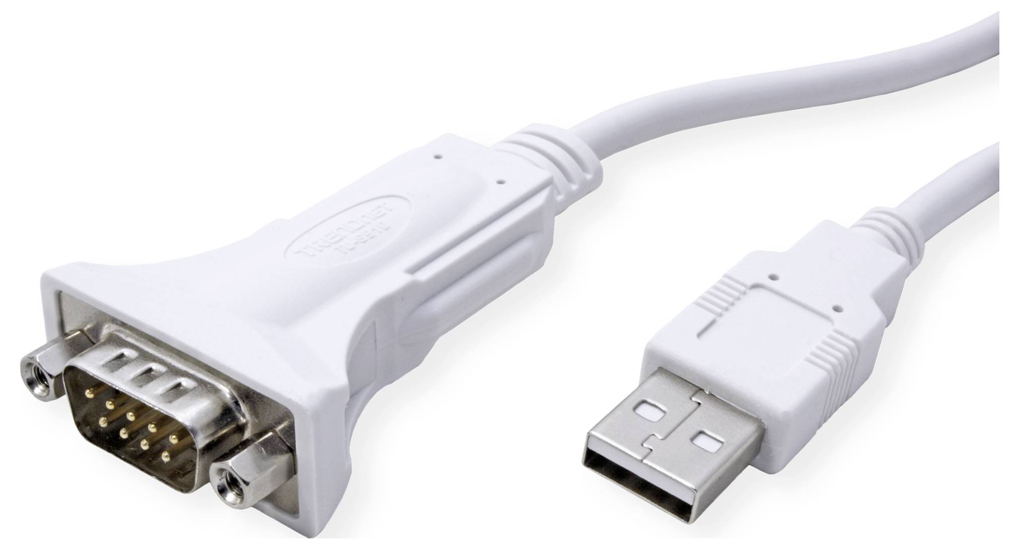 Ein weißes Kabel mit USB-Stecker auf der einen Seite und einem seriellem 9-Pin-Stecker auf der anderen, für Datenverbindungen.