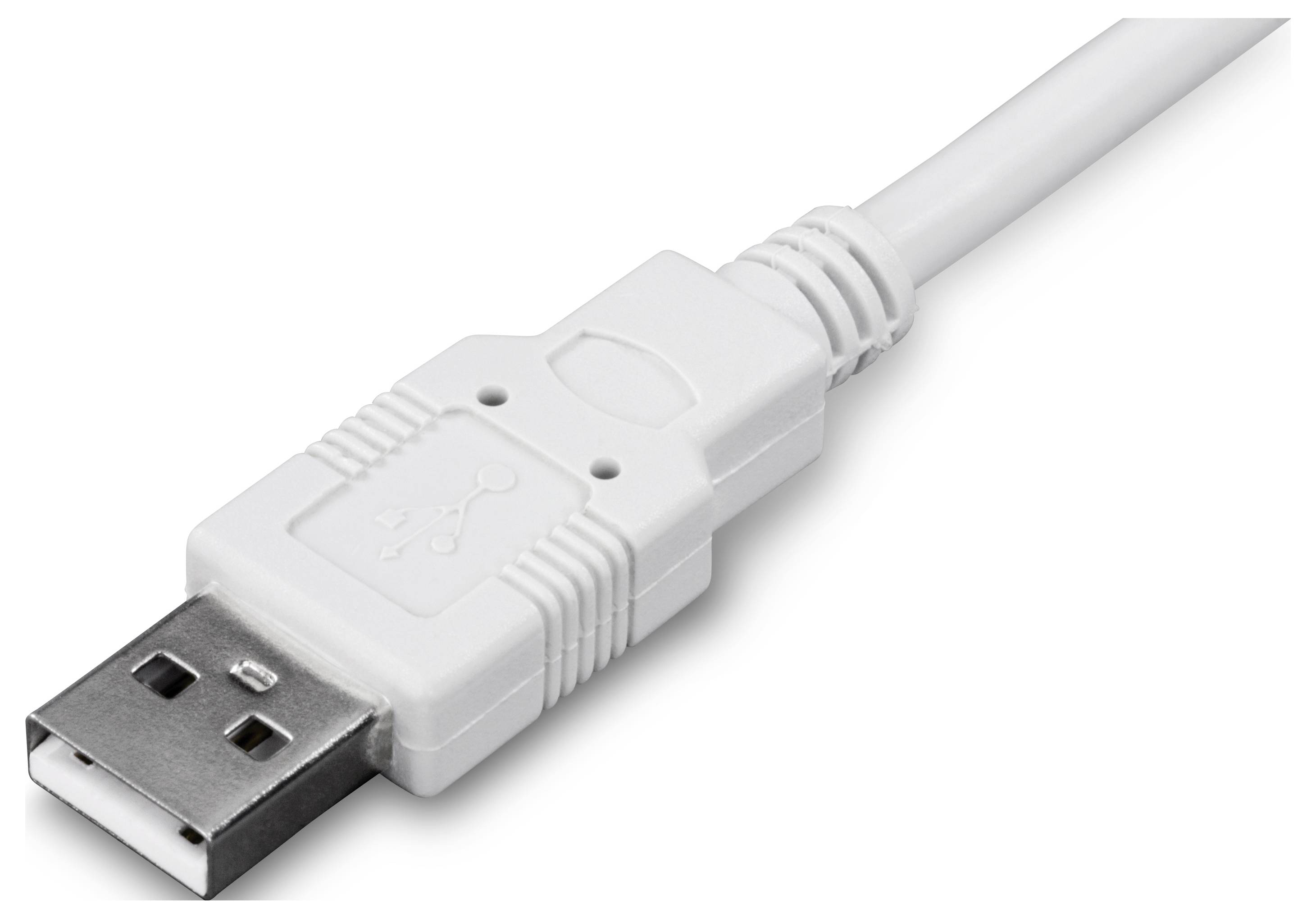 Weißes USB-Kabel mit rechteckigem Stecker und USB-Symbol, zeigt Anschlussmöglichkeiten für elektronische Geräte.