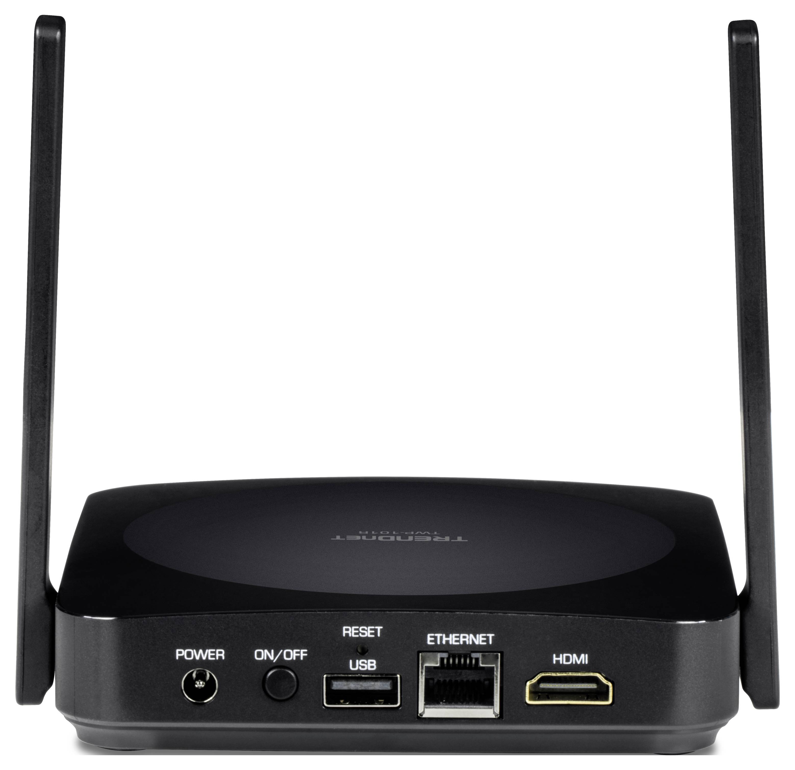 Ein schwarzer WLAN-Router mit zwei Antennen, mehreren Anschlüssen (Power, USB, Ethernet, HDMI) und einer Ein-/Ausschalt-Taste.