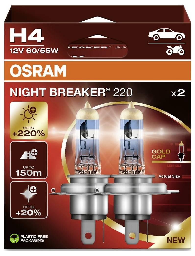 Die Verpackung zeigt zwei OSRAM H4 Glühbirnen 'Night Breaker 220' mit verbesserten Lichtleistungen: 220% heller, bis zu 150 m Reichweite, 20% weißer.
