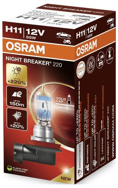 Verpackung einer H11 12V 55W OSRAM Autolampe, 'Night Breaker 220' Serie. Verbesserte Helligkeit und Reichweite. Enthält Lampe.