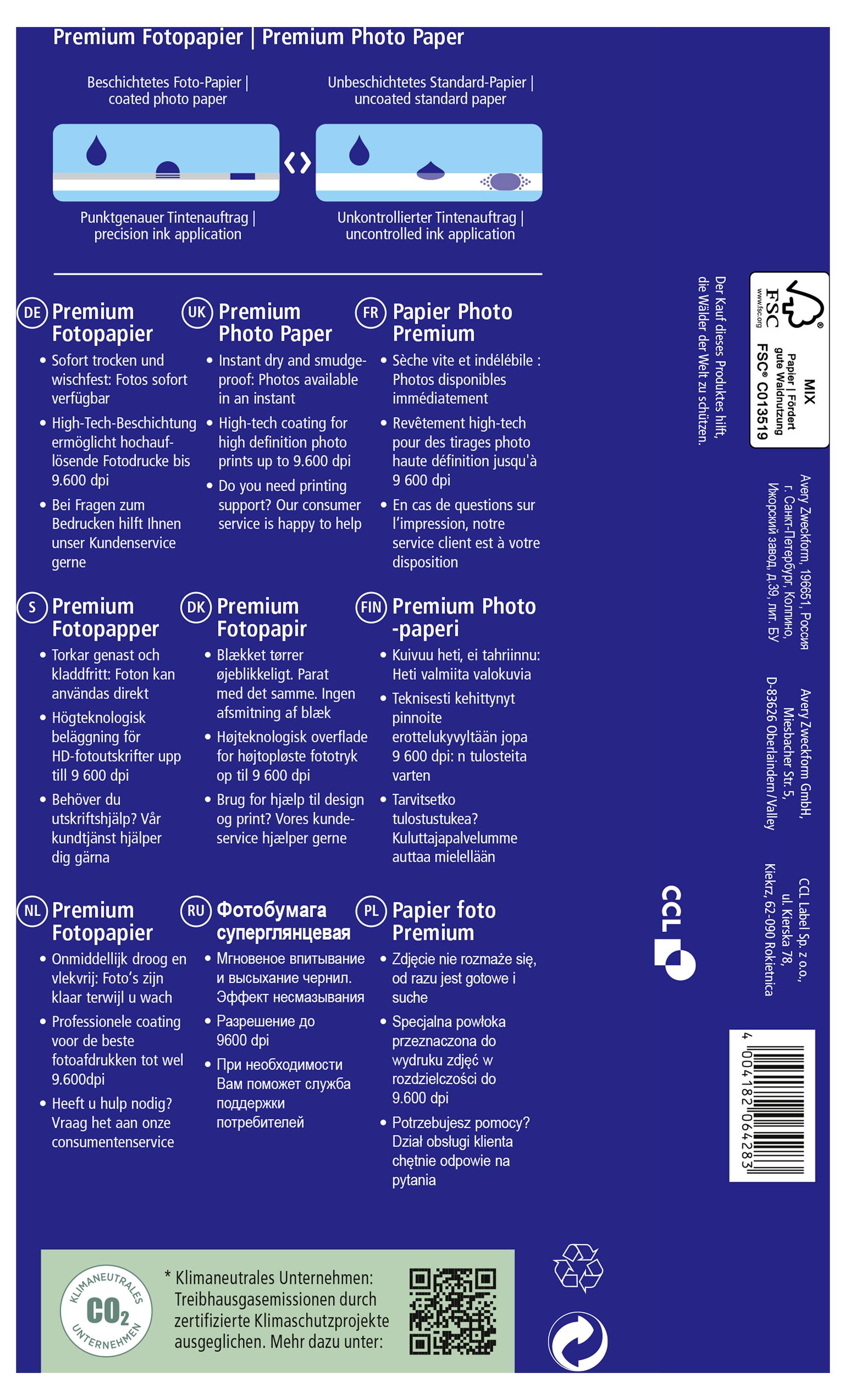 'Premium Fotopapier' Verpackung, Rückseite. Enthält Produktinformationen in mehreren Sprachen, Symbole für Umweltschutz und Recycling.