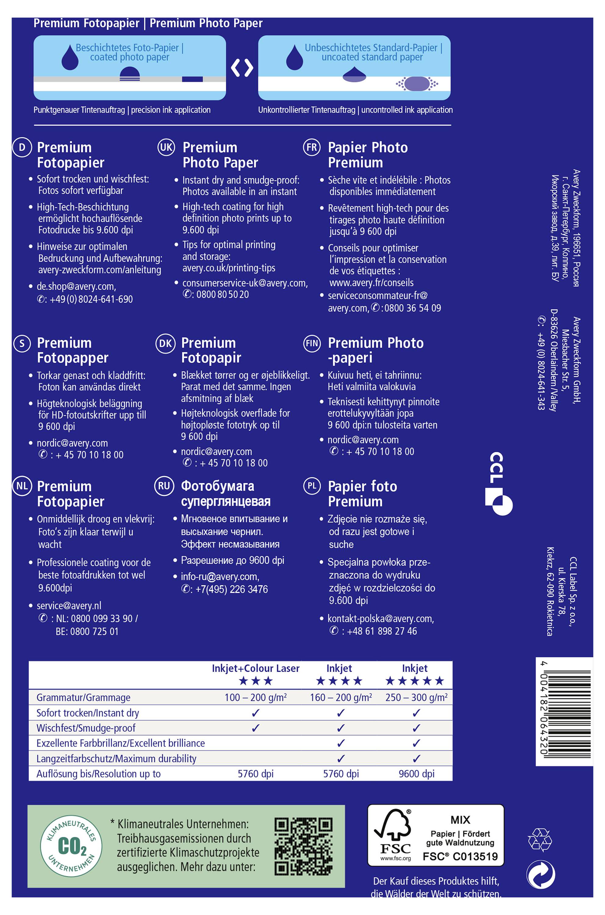 'Premium Fotopapier' Verpackung, zeigt Produktinformationen wie Größe, Oberflächenbeschaffenheit, Gewichte und Druckergängigkeit. Enthält auch Umwelthinweise und Barcode.