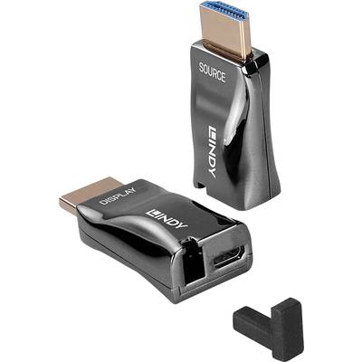 Zwei schwarze HDMI Extender. Einer ist mit 'SOURCE', der andere mit 'DISPLAY' beschriftet. Dienen zur Signalübertragung über HDMI.