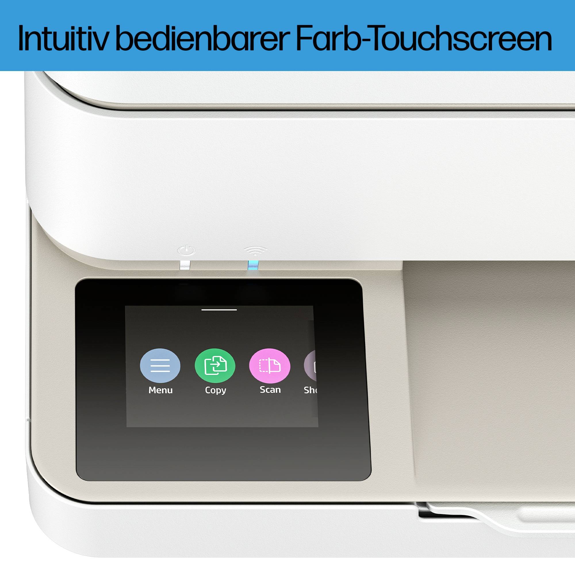 Ein Drucker mit einem intuitiv bedienbaren Farb-Touchscreen, der Optionen wie 'Kopieren', 'Scannen' und 'Einstellungen' zeigt.